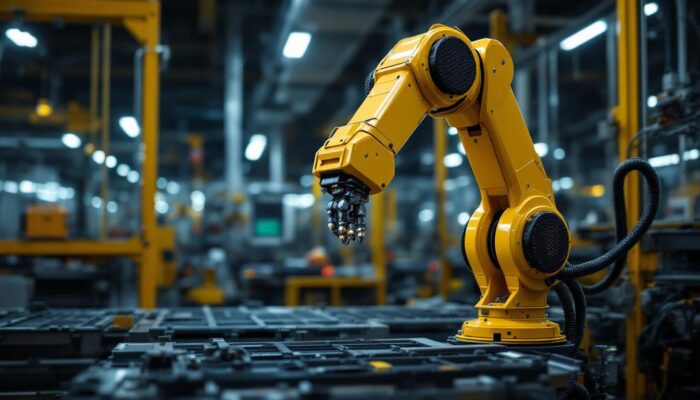 A photograph of a sleek industrial robotic arm in action
