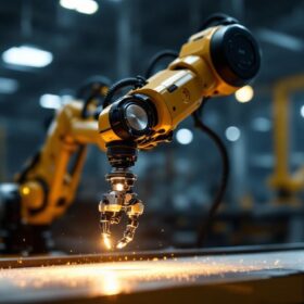 A photograph of capture a photograph of a sleek industrial robotic arm in action