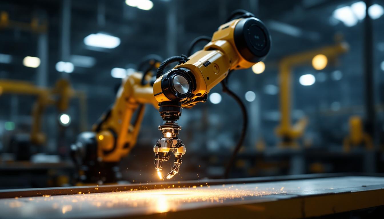 A photograph of capture a photograph of a sleek industrial robotic arm in action