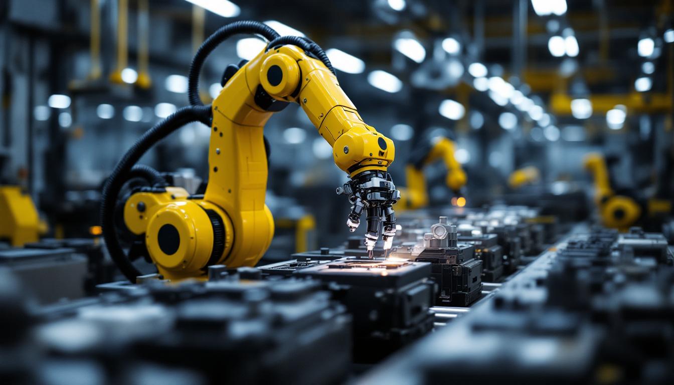 A photograph of a modern industrial robotic arm in action within a manufacturing environment