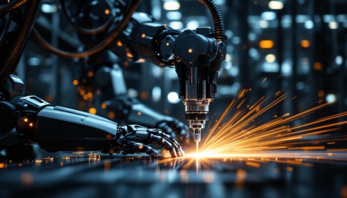 A photograph of a sleek industrial robot in action