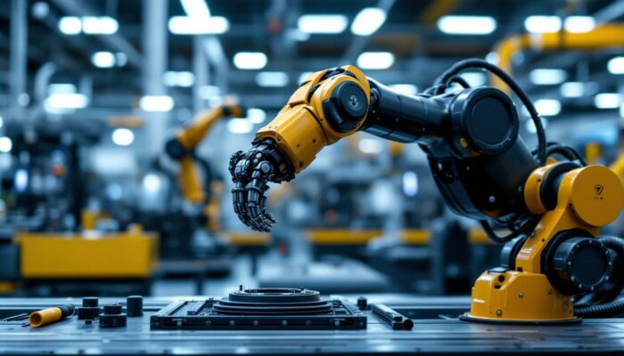 A photograph of a sleek industrial robotic arm in action