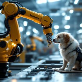 A photograph of a dynamic industrial setting featuring a robotic arm in action