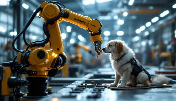 A photograph of a dynamic industrial setting featuring a robotic arm in action