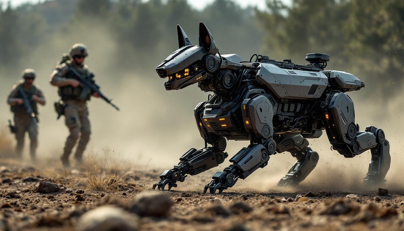 A photograph of a robotic military dog in action