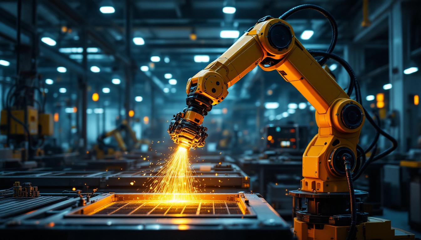 A photograph of a sleek industrial robotic arm in action