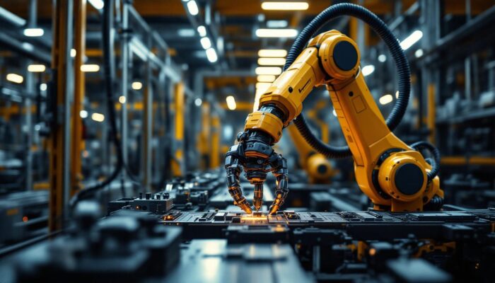 A photograph of a dynamic industrial robotics environment