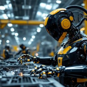 A photograph of a sleek industrial robot in action within a modern manufacturing setting