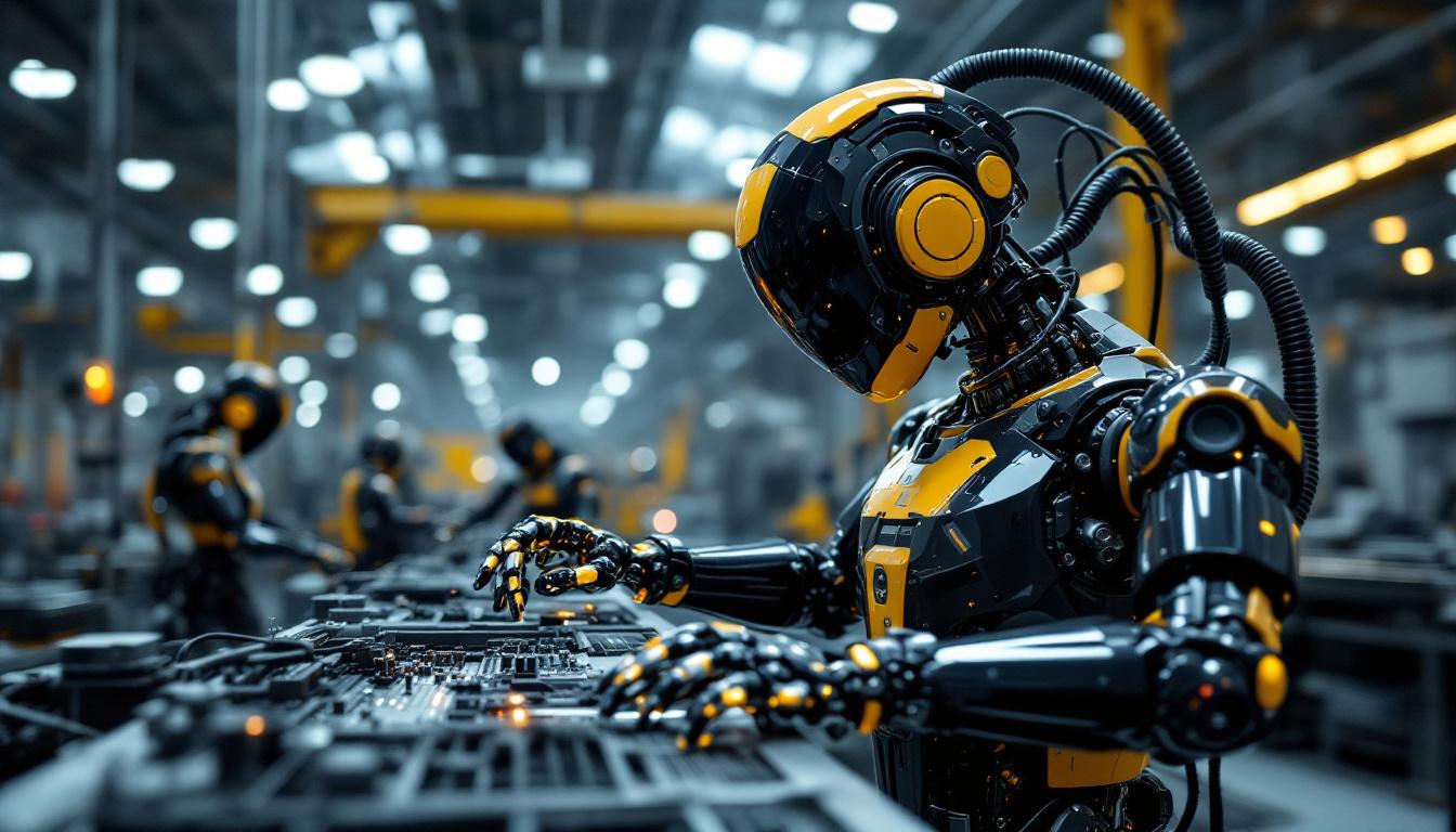 A photograph of a sleek industrial robot in action within a modern manufacturing setting