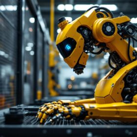 A photograph of a modern industrial robot in action within a boston-based manufacturing facility