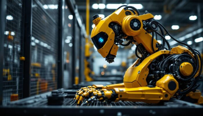 A photograph of a modern industrial robot in action within a boston-based manufacturing facility