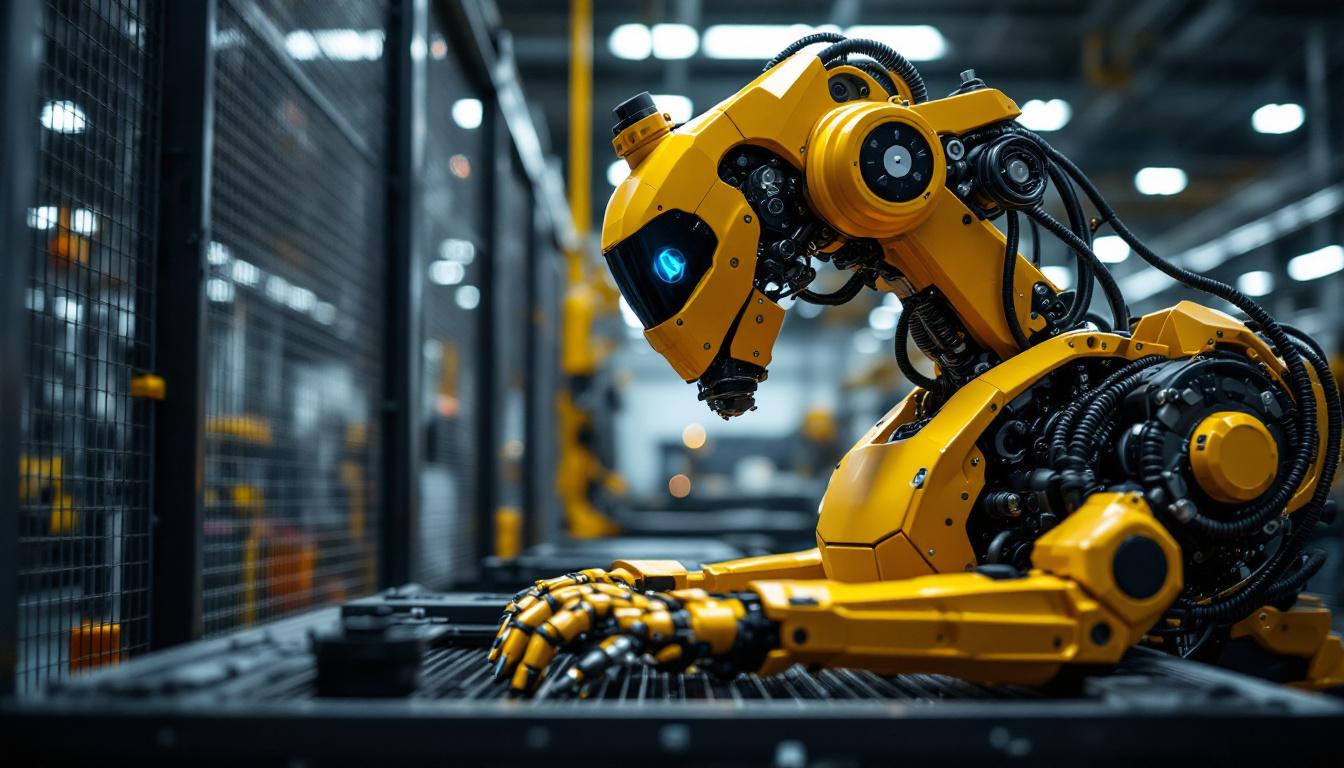 A photograph of a modern industrial robot in action within a boston-based manufacturing facility