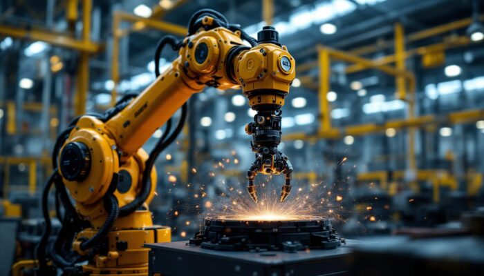 A photograph of a dynamic industrial robotic arm in action