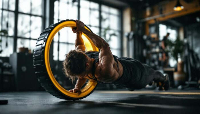 A photograph of a fitness enthusiast using an ab wheel in a dynamic workout setting