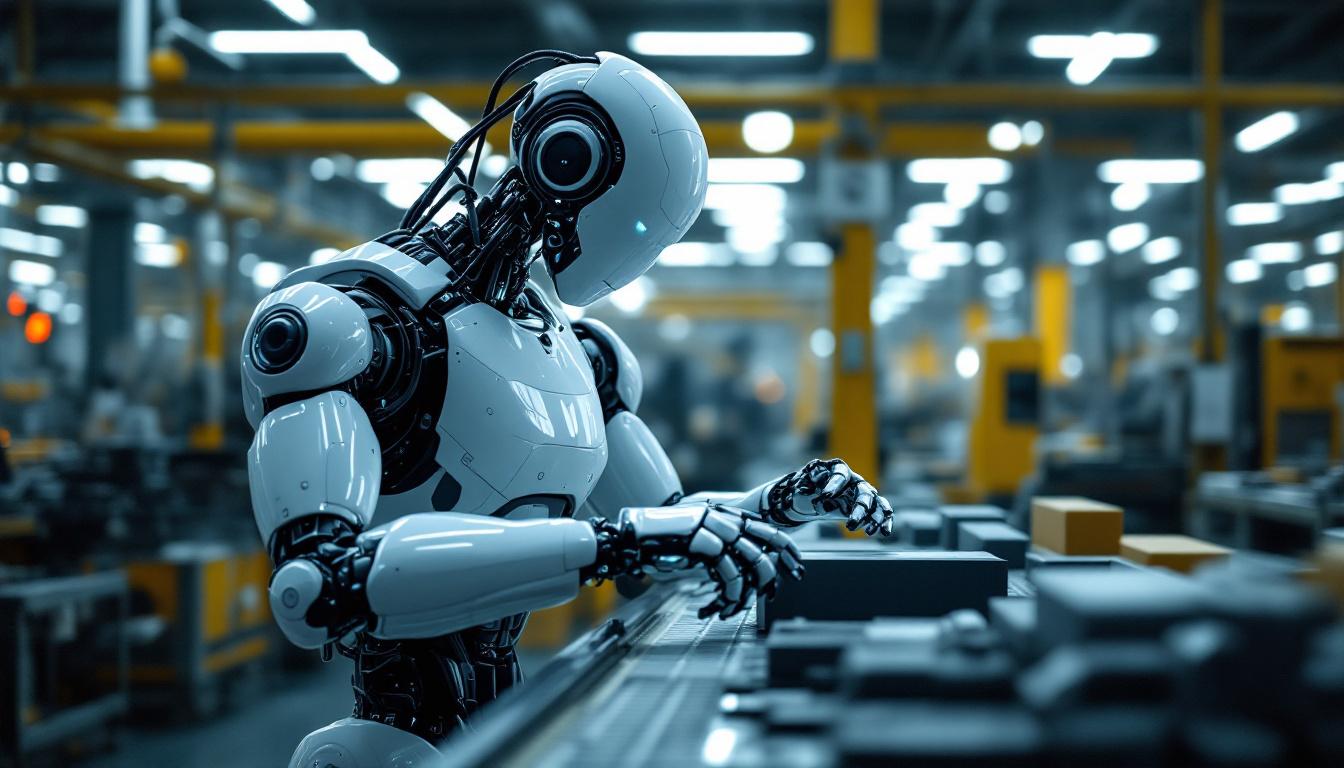 A photograph of a sleek industrial robot in action within a modern manufacturing environment