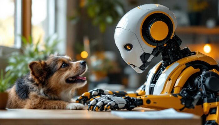 A photograph of a playful dog interacting with a sleek industrial robot in a modern workspace