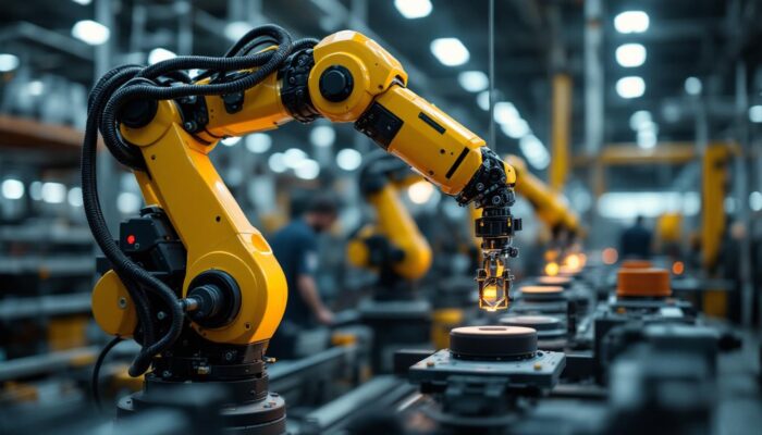 A photograph of a sleek industrial robotic arm in action within a modern manufacturing environment