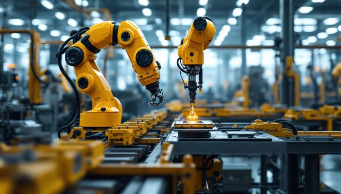 A photograph of a dynamic industrial robotics environment