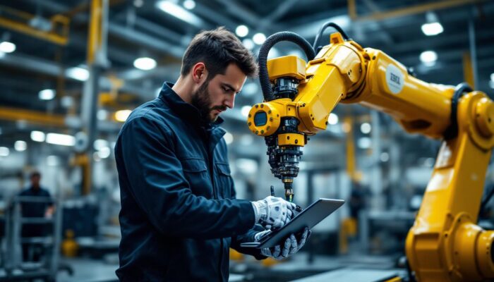 A photograph of a skilled technician operating a state-of-the-art industrial robotic arm in a modern manufacturing setting