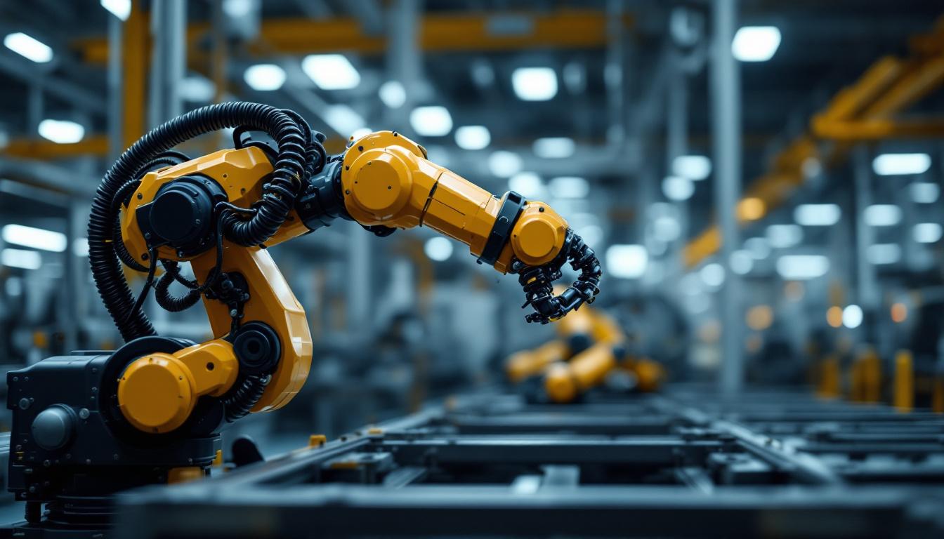 A photograph of a sleek industrial robotic arm in action within a modern manufacturing environment