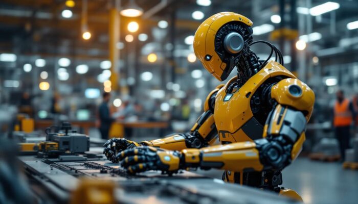 A photograph of a sleek industrial robot in action on a factory floor