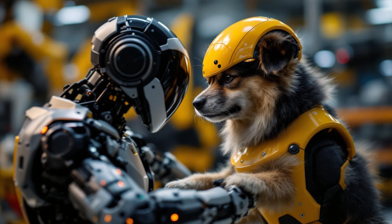 A photograph of a friendly dog interacting playfully with a sleek