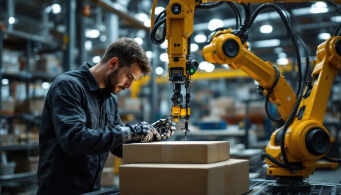 A photograph of a skilled technician using an industrial robot to measure and interpret box dimensions