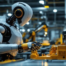 A photograph of a sleek industrial robot in action within a modern manufacturing environment