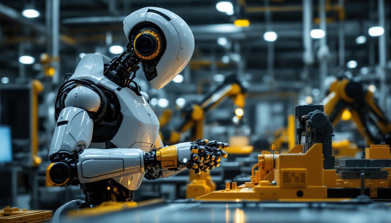 A photograph of a sleek industrial robot in action within a modern manufacturing environment