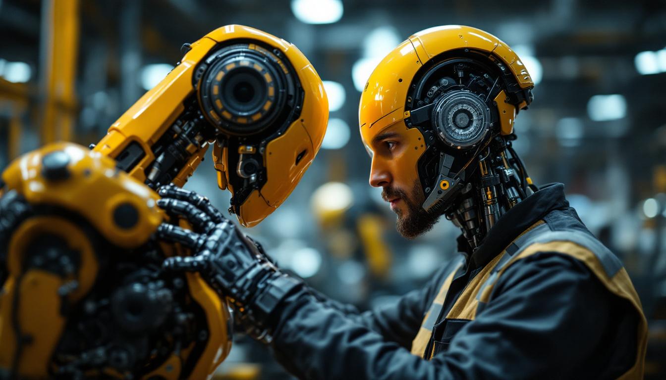 A photograph of a skilled technician performing a self-inspection on an industrial robot in a modern manufacturing environment