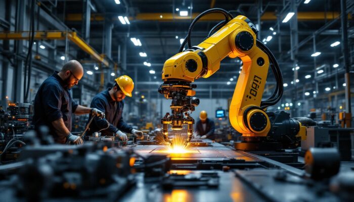 A photograph of a state-of-the-art industrial robotic arm in action within a manufacturing facility