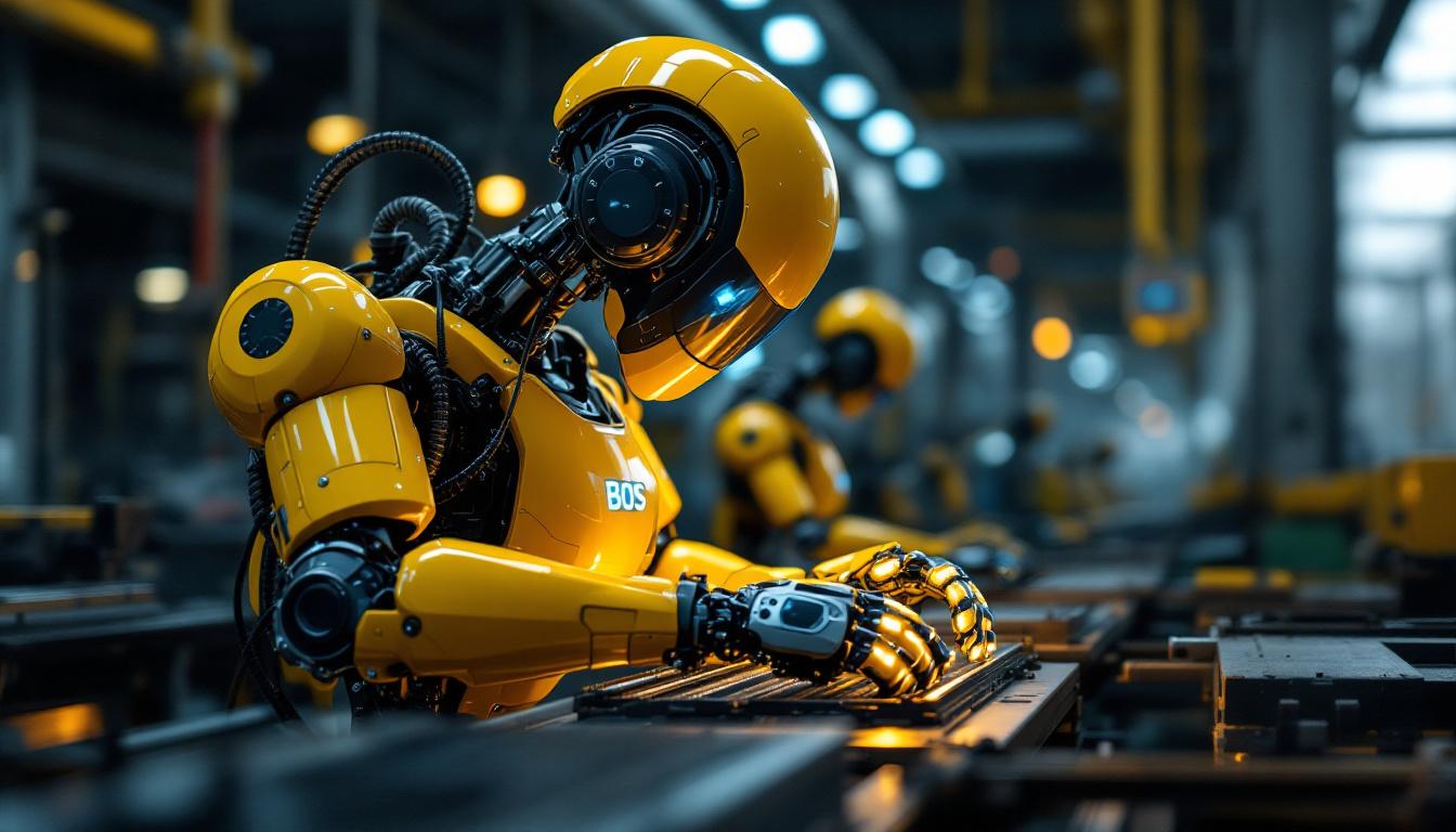 A photograph of a sleek industrial robot in action within a manufacturing environment