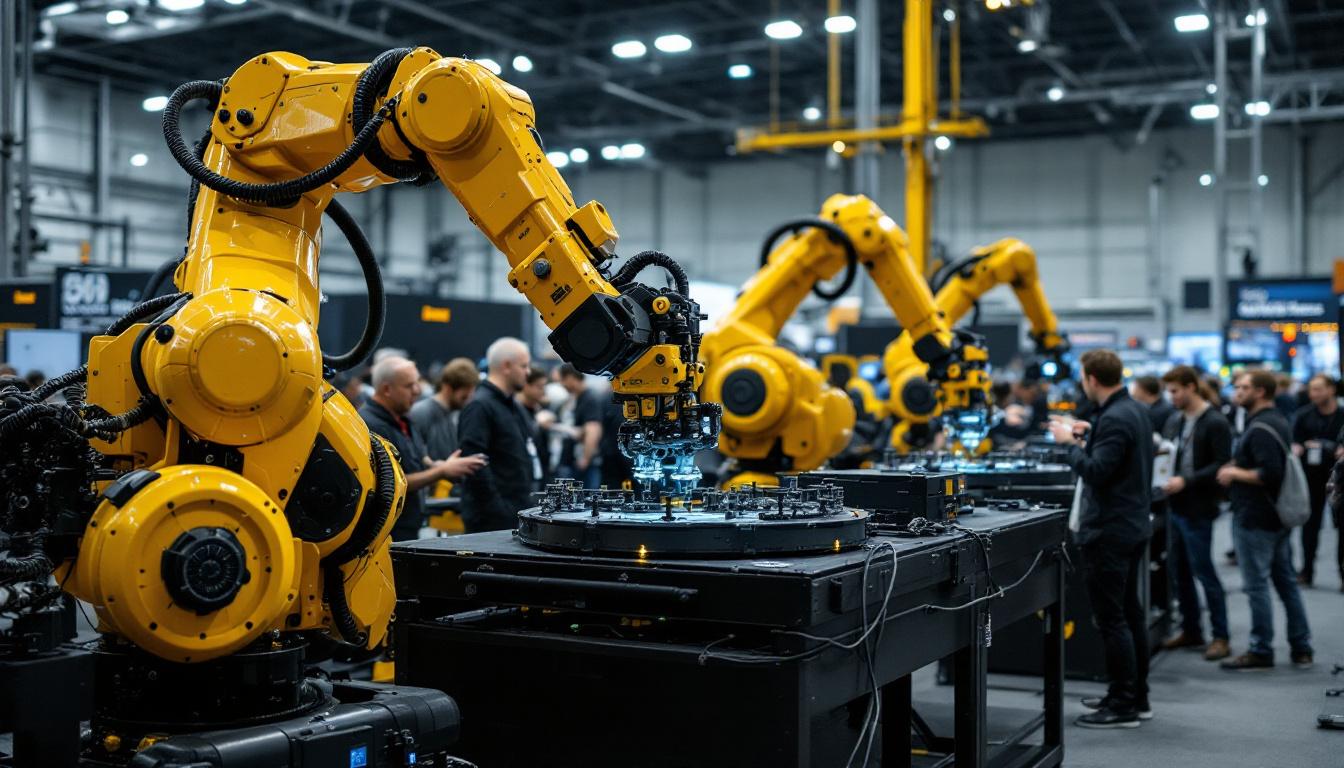 A photograph of a dynamic industrial robotics demonstration at the world of wheels boston 2024 event