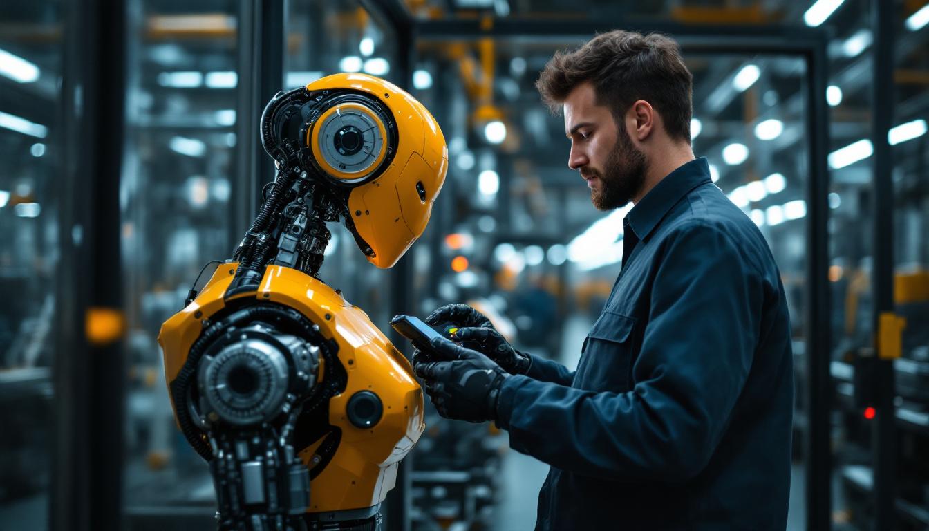 A photograph of a skilled technician programming an industrial robot in a modern manufacturing environment