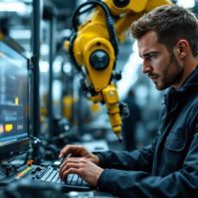 A photograph of a skilled engineer programming or operating an industrial robot in a modern manufacturing setting