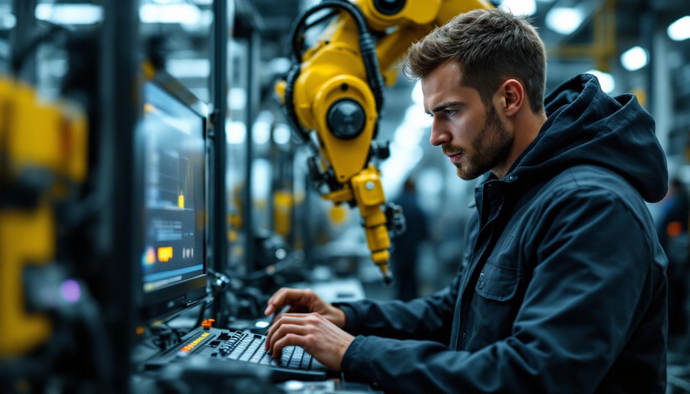 A photograph of a skilled engineer programming or operating an industrial robot in a modern manufacturing setting