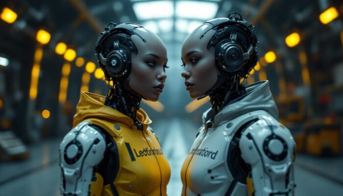 A photograph of a pair of identical twins standing side by side in a futuristic industrial setting