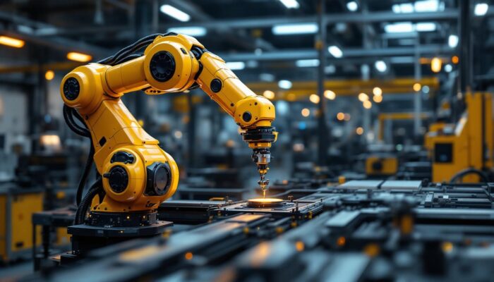 A photograph of a sleek industrial robotic arm in action