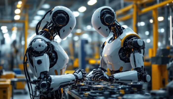 A photograph of a sleek industrial robot in action on a factory floor