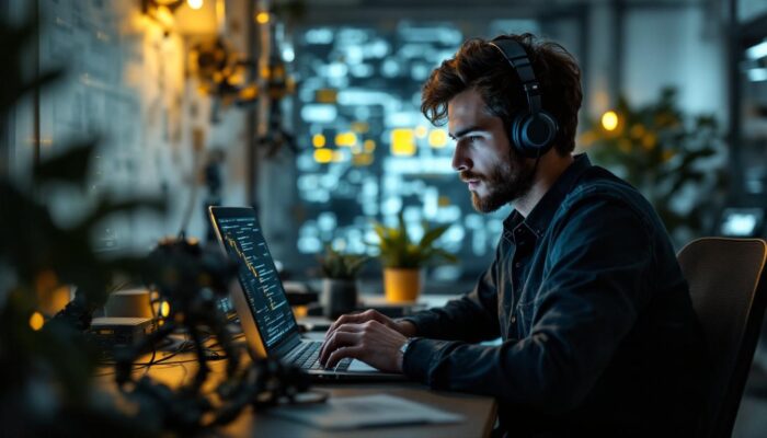 A photograph of a junior software engineer working remotely at their home office