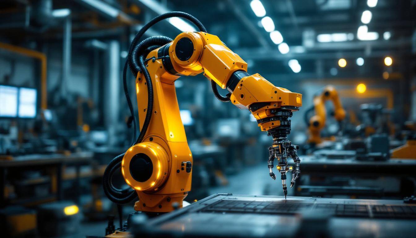 A photograph of a sleek industrial robotic arm in action