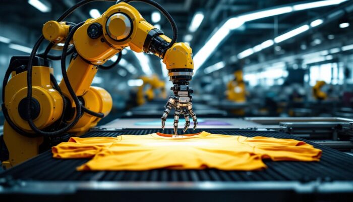 A photograph of a high-tech industrial robotic arm in action