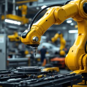 A photograph of a sleek industrial robotic arm in action at b & d auto body