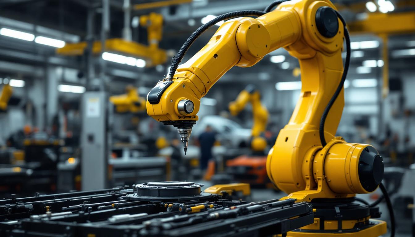A photograph of a sleek industrial robotic arm in action at b & d auto body