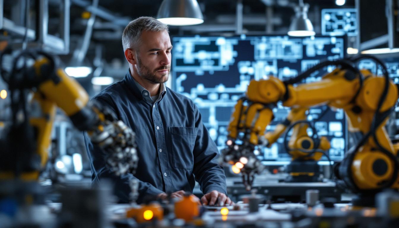 A photograph of a skilled senior engineer working on an industrial robotic system