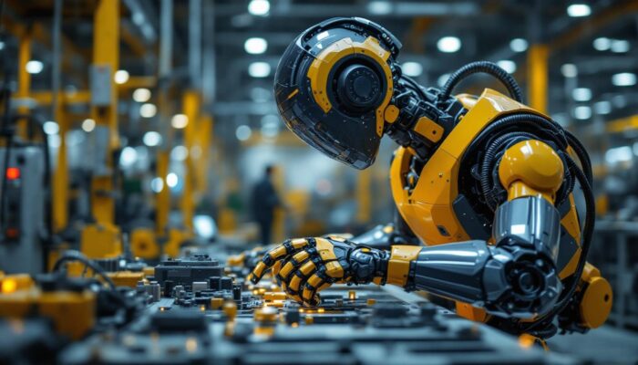 A photograph of capture a photograph of a sleek industrial robot in action within a manufacturing setting