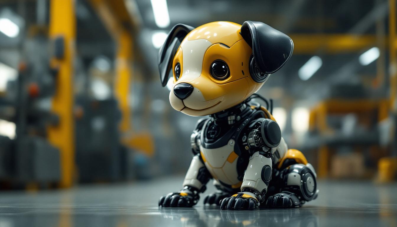 A photograph of a lifelike animatronic puppy in an industrial setting