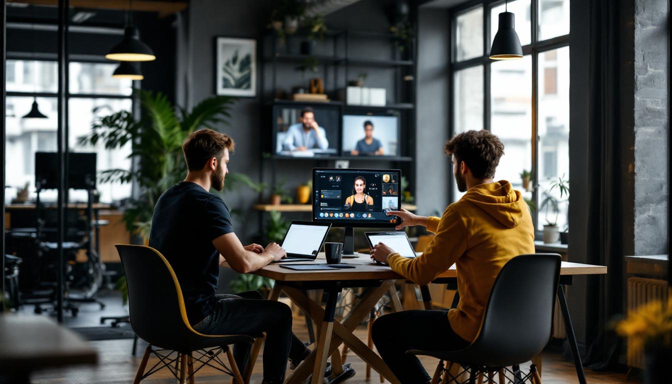 A photograph of a dynamic remote fitness sales team engaging with clients through virtual meetings