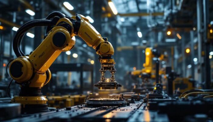 A photograph of a dynamic industrial setting showcasing a robotic arm in action