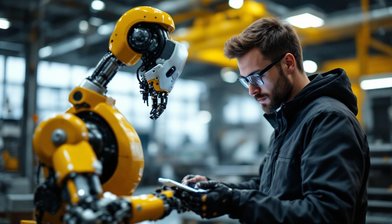 A photograph of a skilled technician interacting with an industrial robot in a modern workshop setting